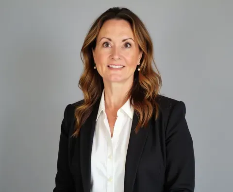 Caucasian woman with long brown hair and navy jacket