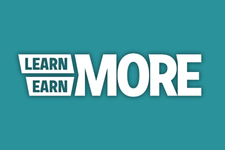 White Learn More Earn More logo with a teal background